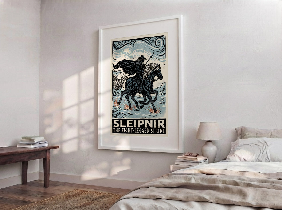 Poster featuring Sleipnir the eight-legged horse carrying a rider through an icy landscape.