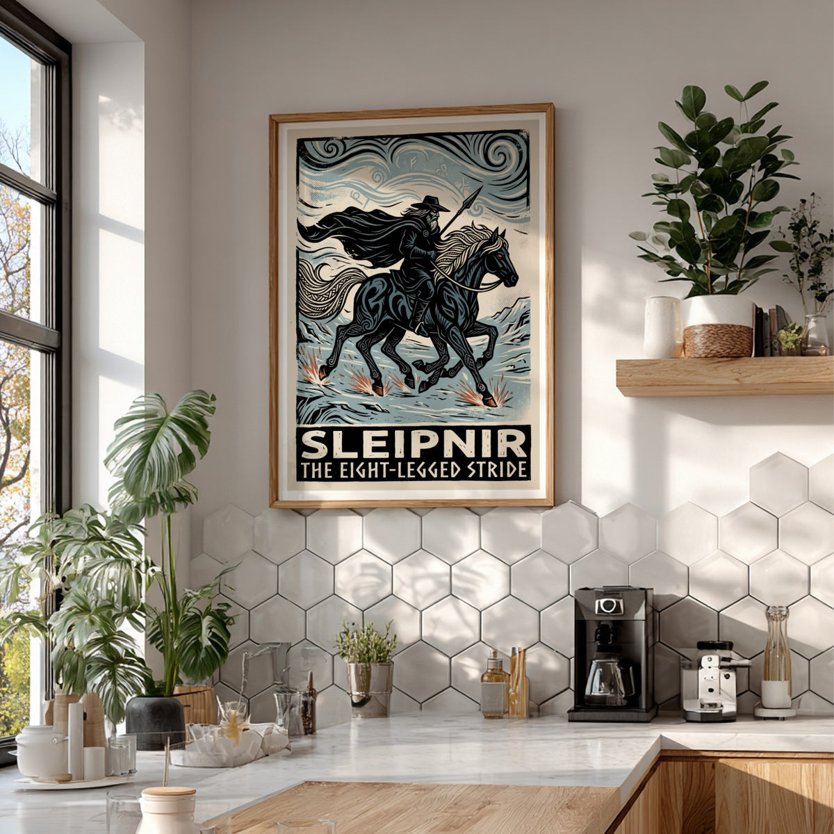Poster featuring Sleipnir the eight-legged horse carrying a rider through an icy landscape.