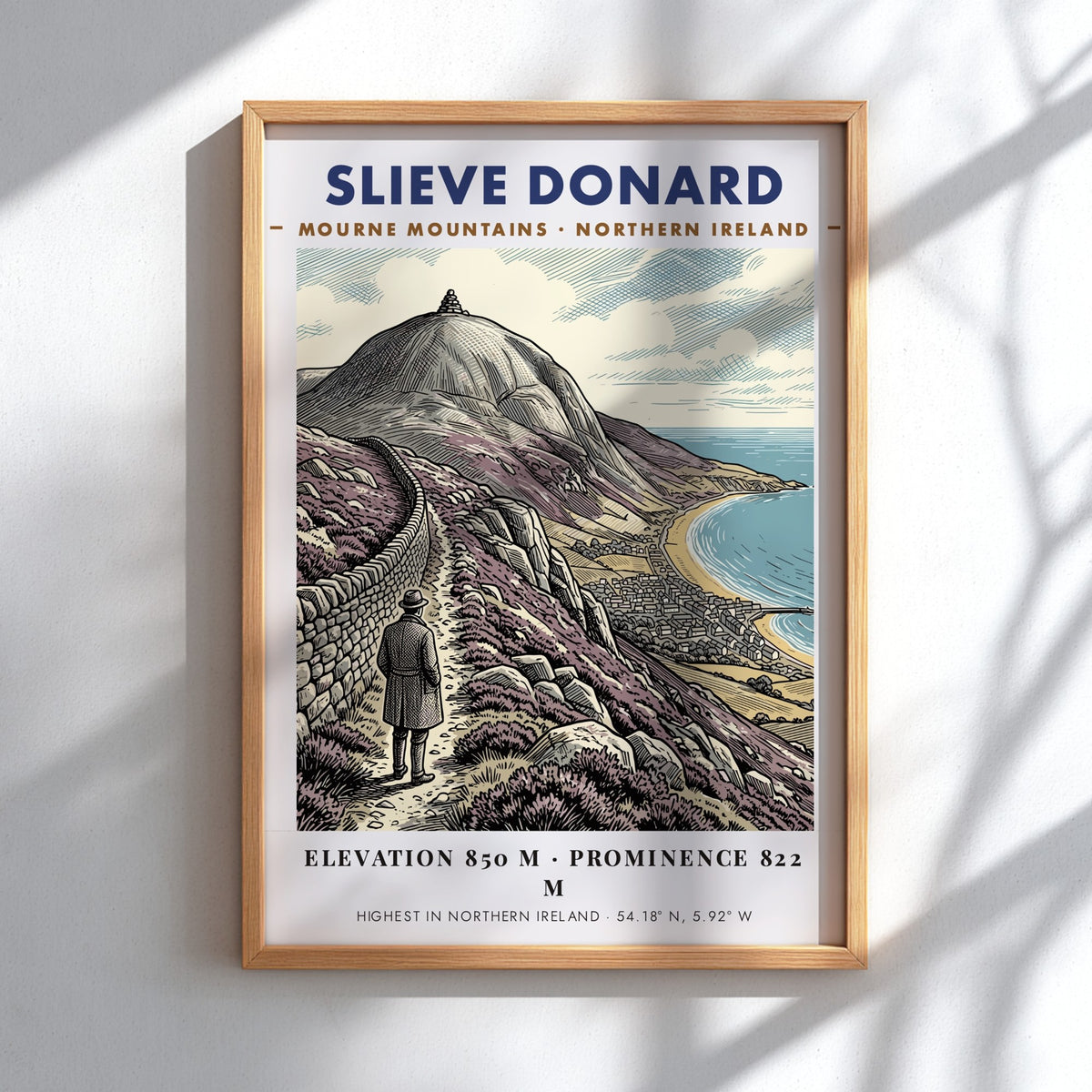 Poster of Slieve Donard in the Mourne Mountains showing a hiker and coastline.