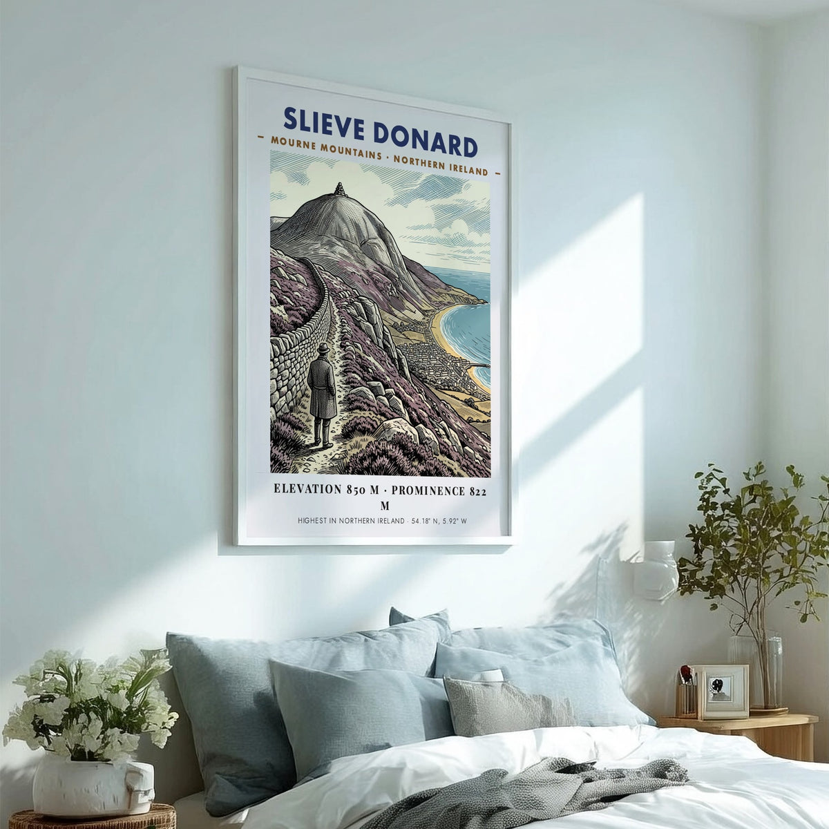 Poster of Slieve Donard in the Mourne Mountains showing a hiker and coastline.