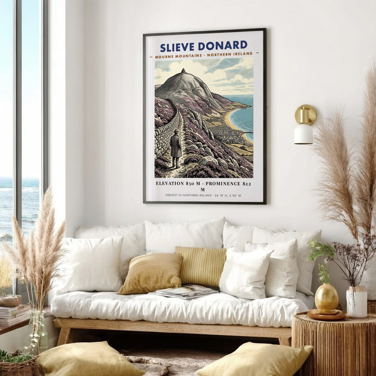 Poster of Slieve Donard in the Mourne Mountains showing a hiker and coastline.