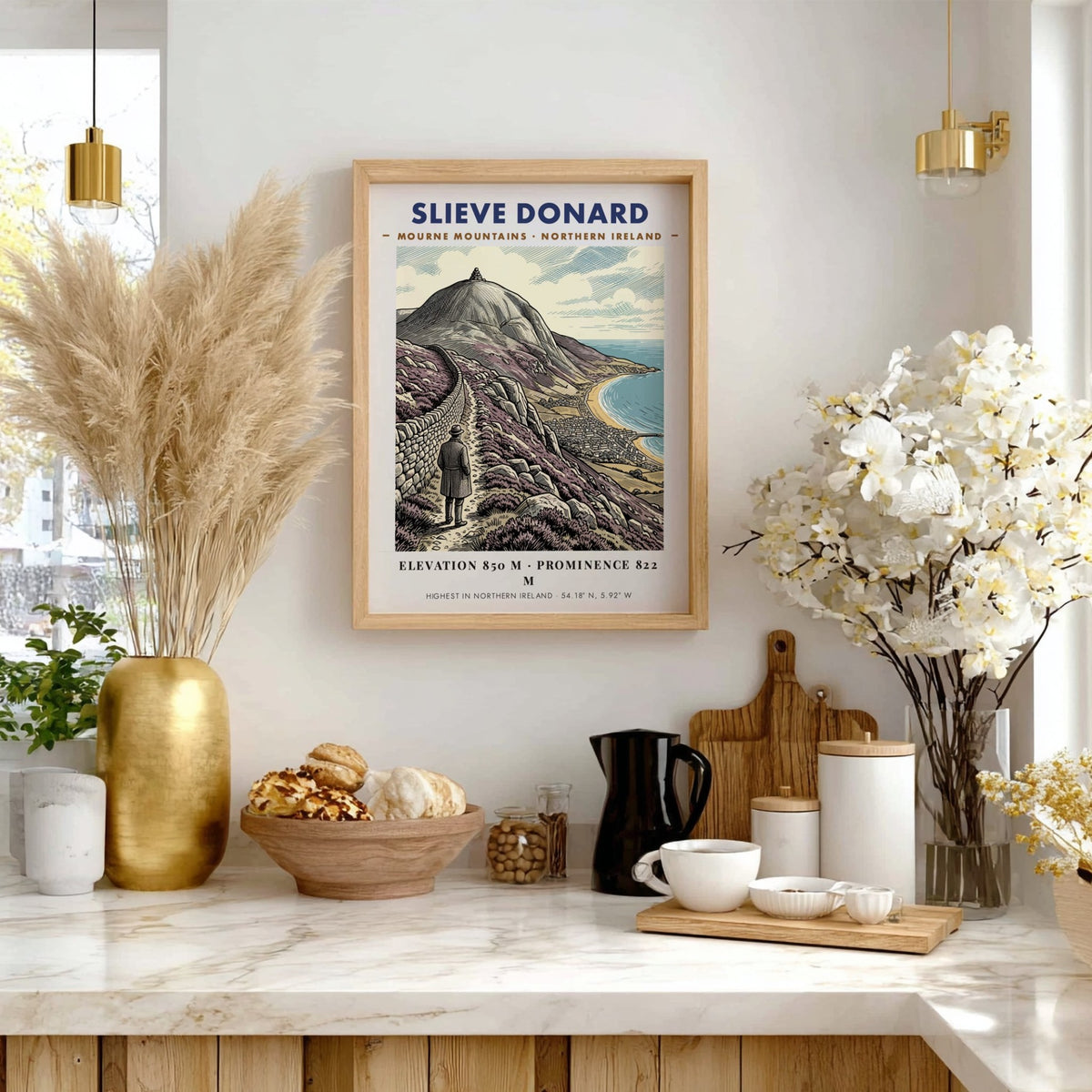 Poster of Slieve Donard in the Mourne Mountains showing a hiker and coastline.