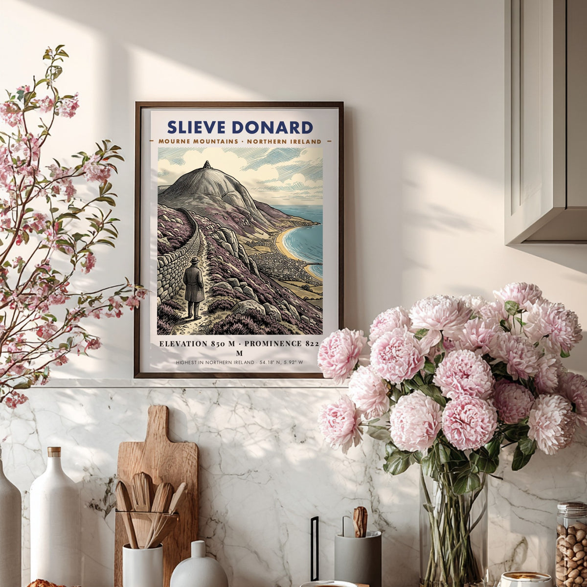 Poster of Slieve Donard in the Mourne Mountains showing a hiker and coastline.