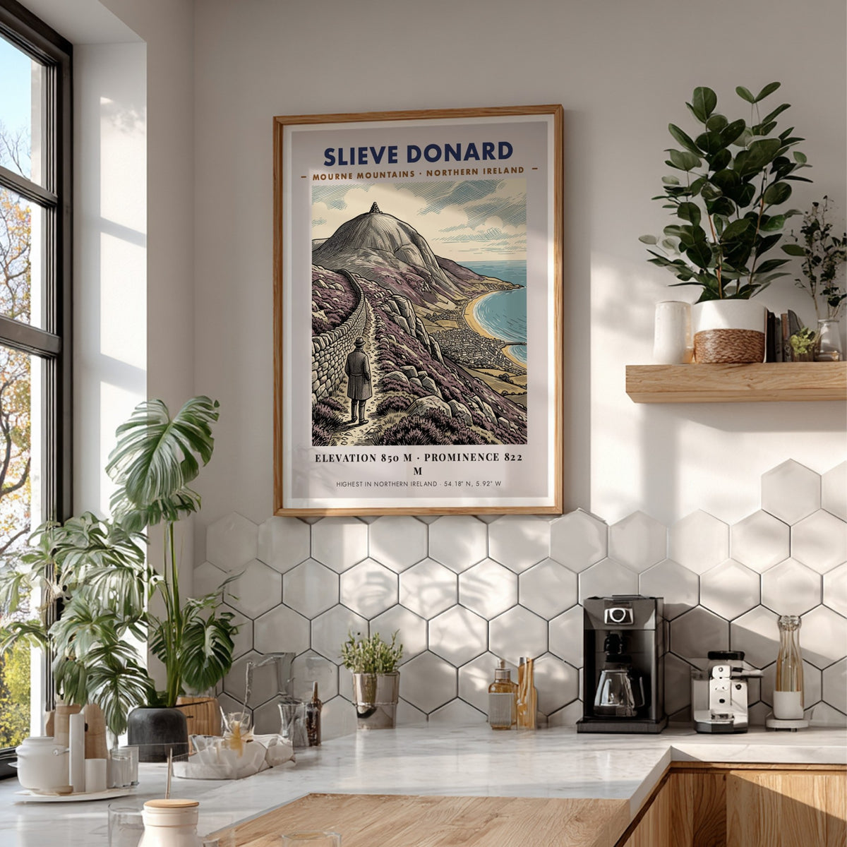 Poster of Slieve Donard in the Mourne Mountains showing a hiker and coastline.