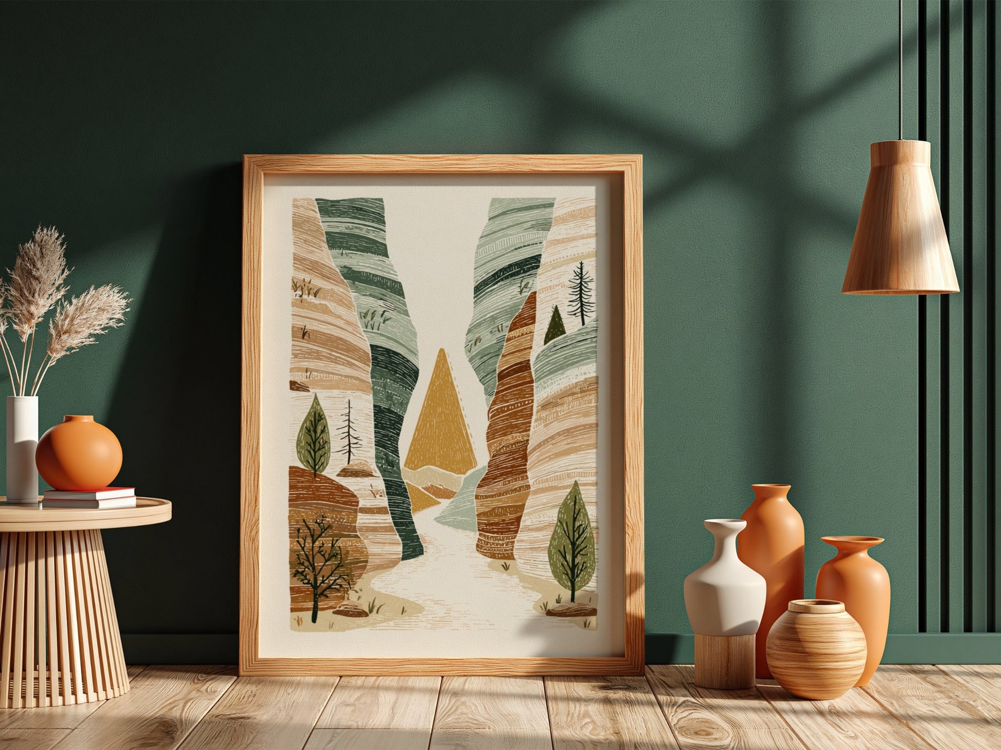 Textured illustration of a slot canyon landscape with earthy tones and green trees.