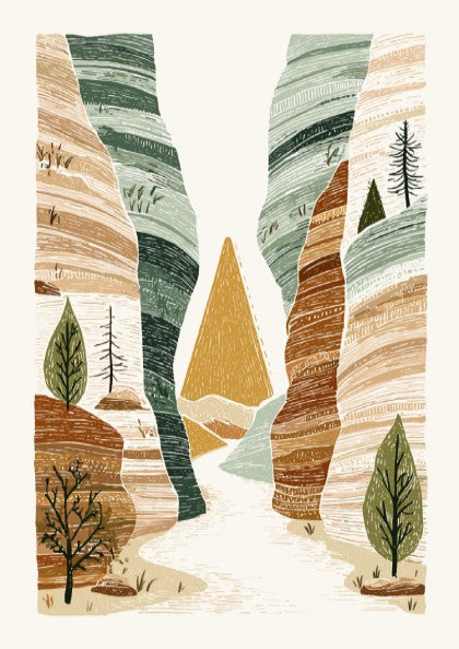 Textured illustration of a slot canyon landscape with earthy tones and green trees.