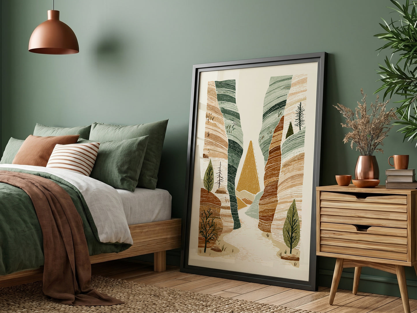 Textured illustration of a slot canyon landscape with earthy tones and green trees.