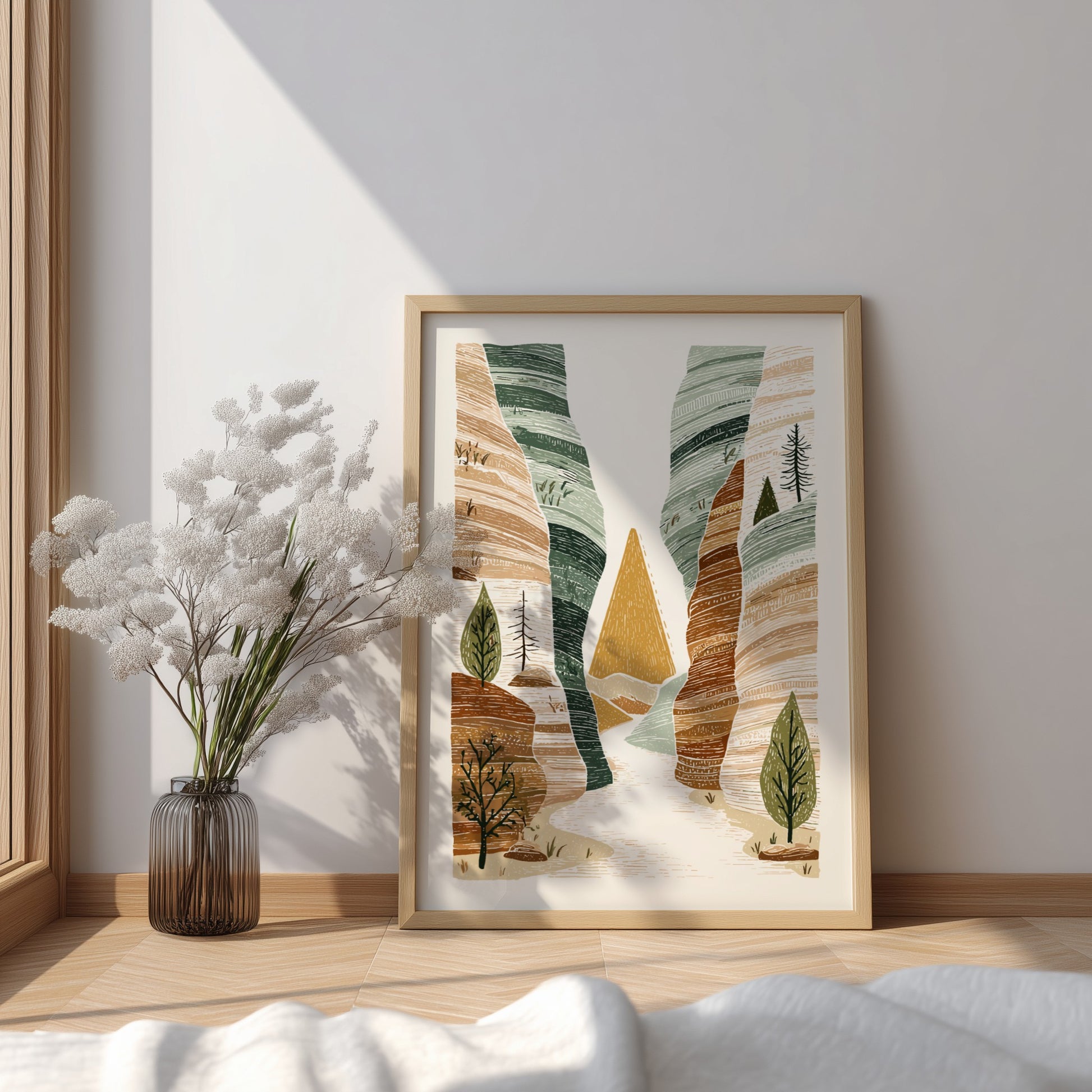 Textured illustration of a slot canyon landscape with earthy tones and green trees.