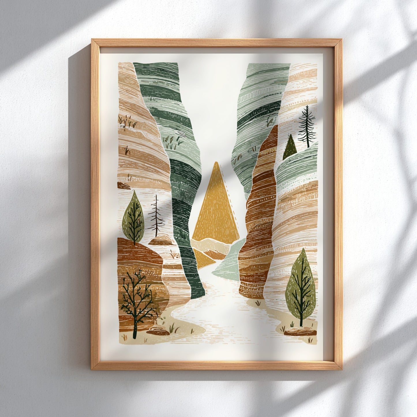 Textured illustration of a slot canyon landscape with earthy tones and green trees.