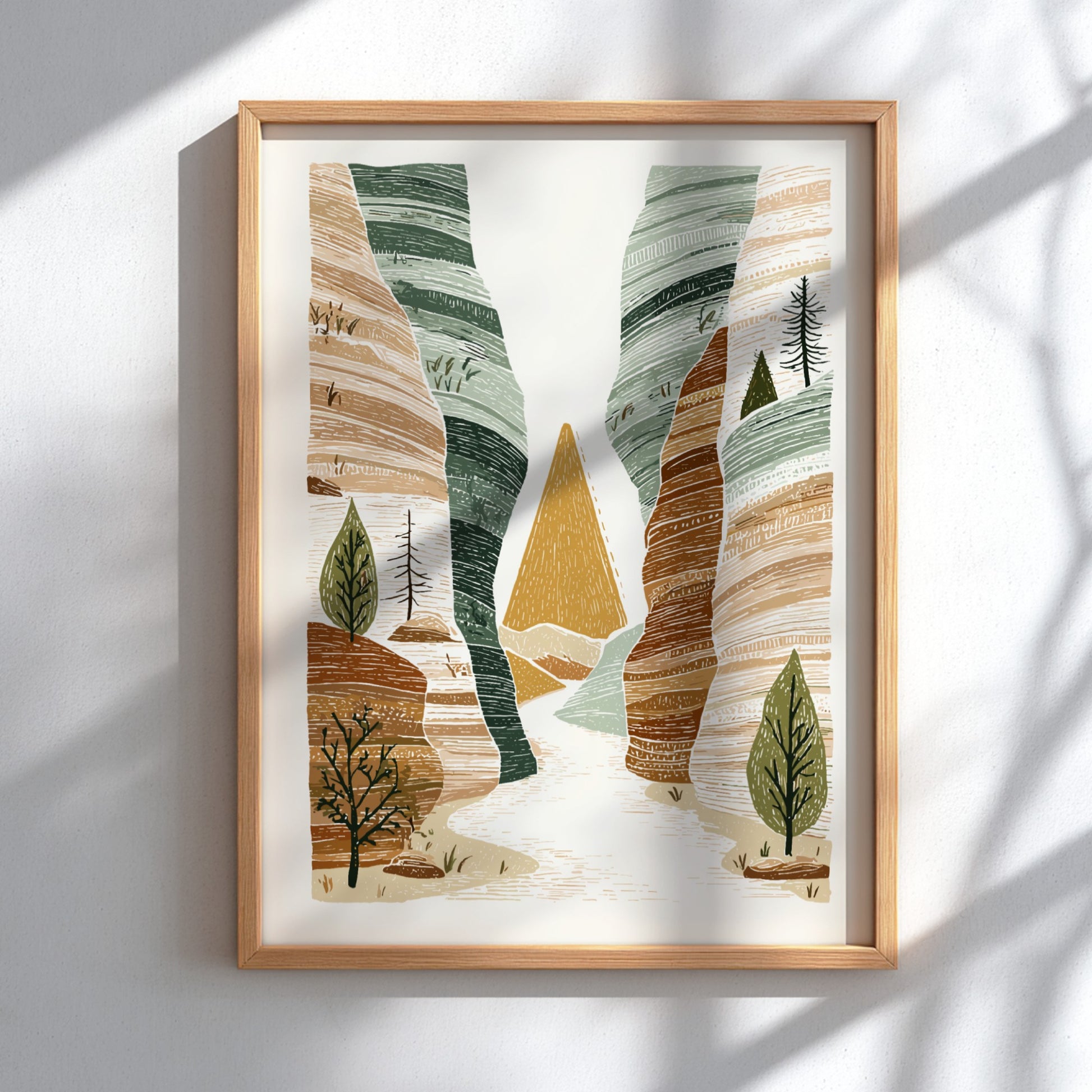 Textured illustration of a slot canyon landscape with earthy tones and green trees.