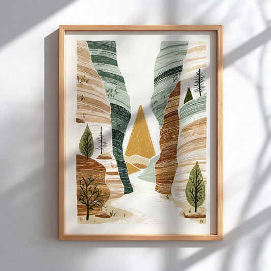 Textured illustration of a slot canyon landscape with earthy tones and green trees.