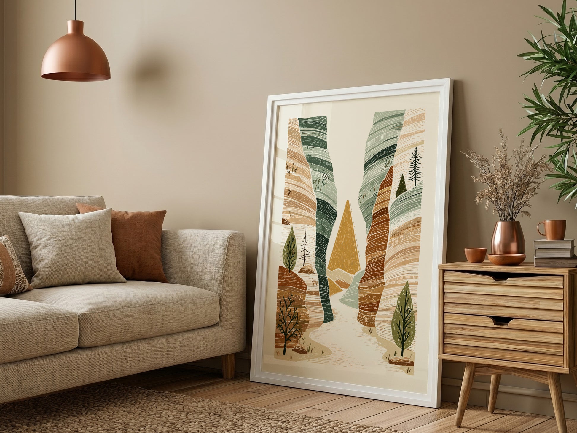 Textured illustration of a slot canyon landscape with earthy tones and green trees.