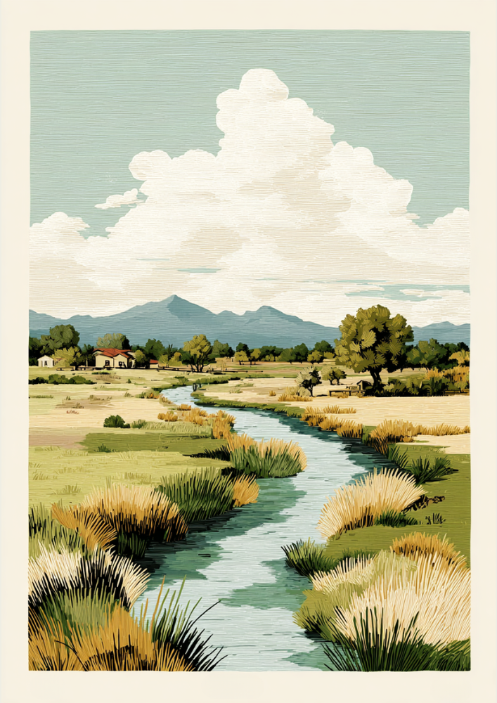 Landscape with a river, grasslands, and mountains under a large cloud.