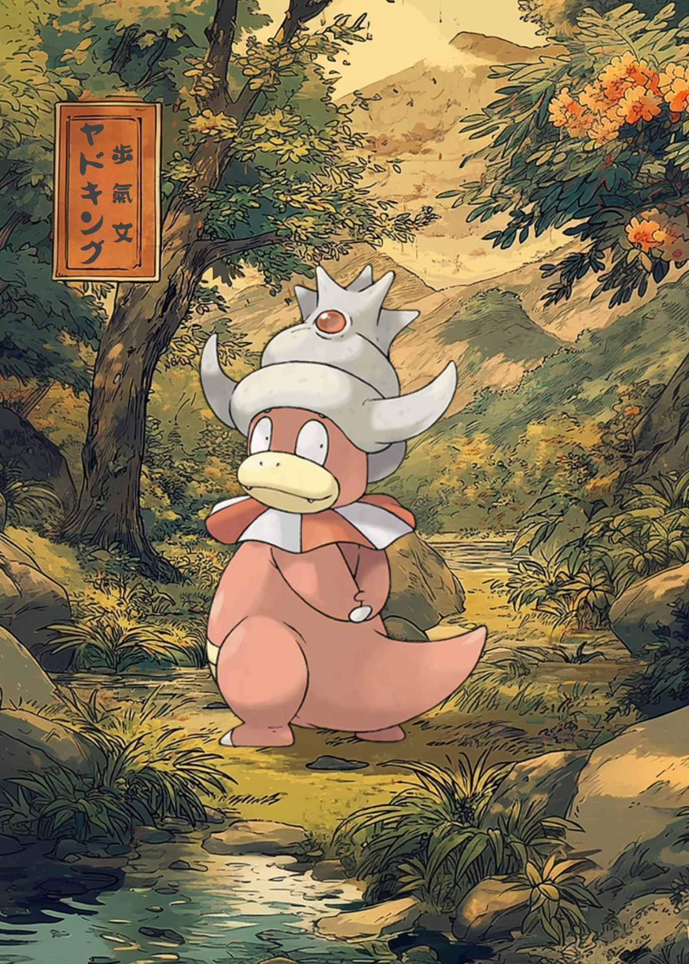 Slowking Pokémon character in a forest setting with a sign in the background
