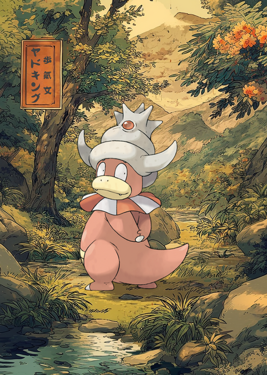 Slowking Pokémon character in a forest setting with a sign in the background