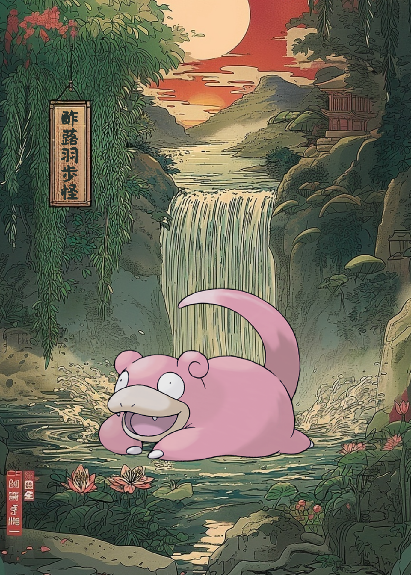 Slowpoke Pokemon in a fantasy landscape with waterfall and mountains.