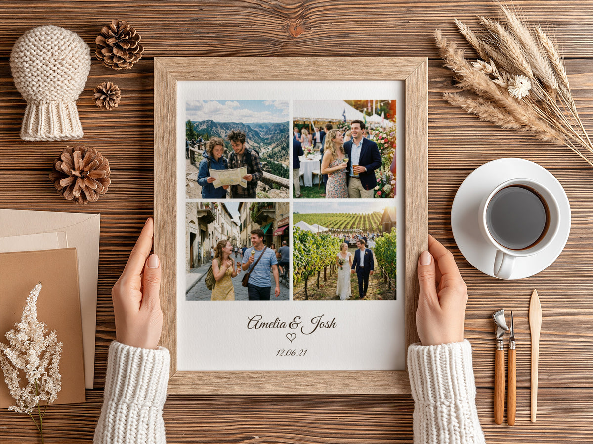 Personalised Photo Grid and Date Poster in a small oak frame on a desk