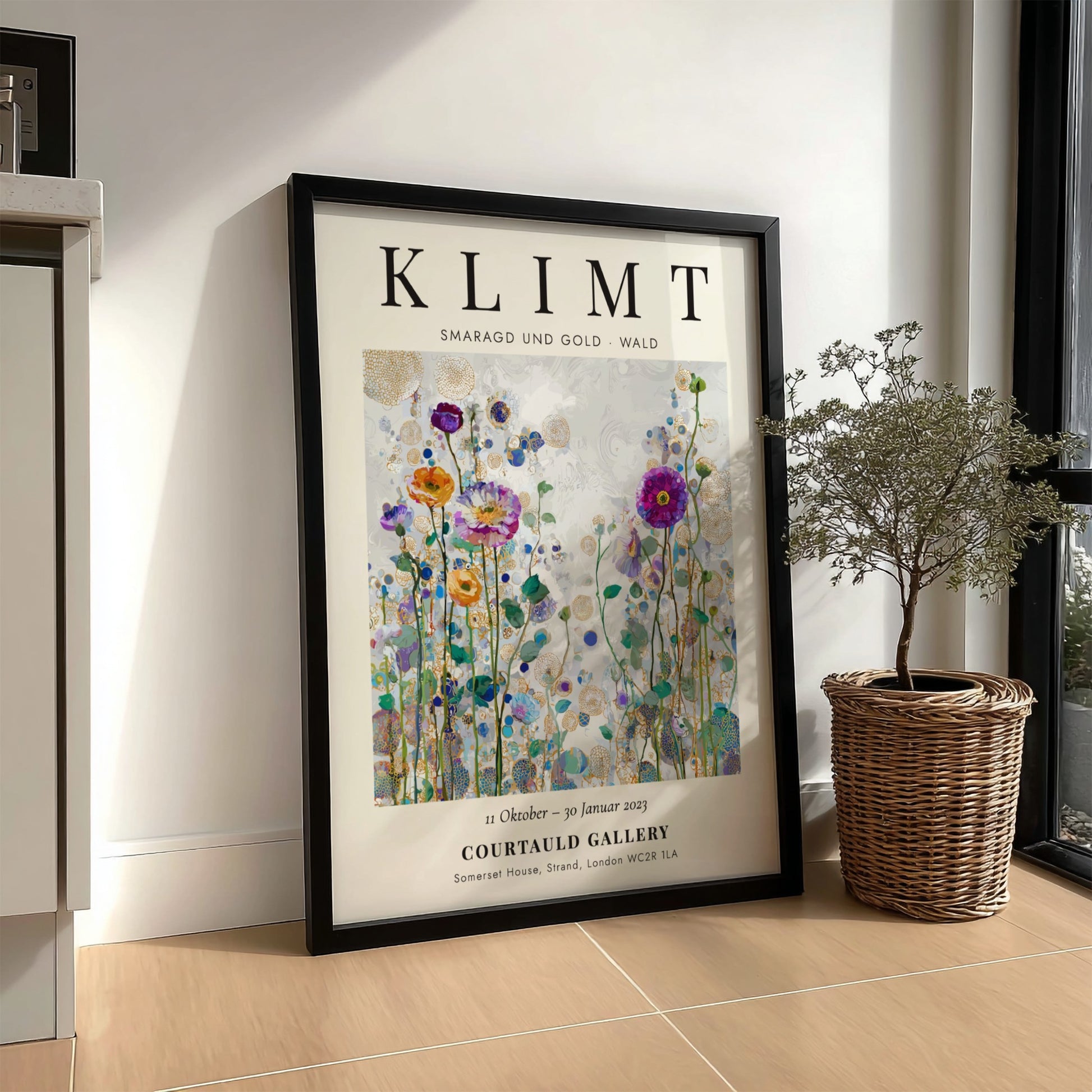 Klimt-inspired poster featuring colorful wildflowers and emerald greens in a vibrant forest scene