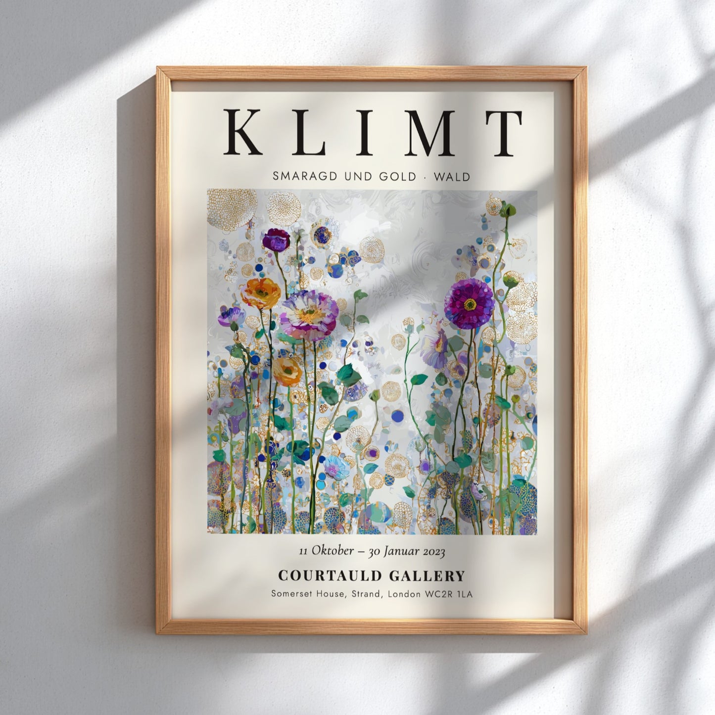 Klimt-inspired poster featuring colorful wildflowers and emerald greens in a vibrant forest scene