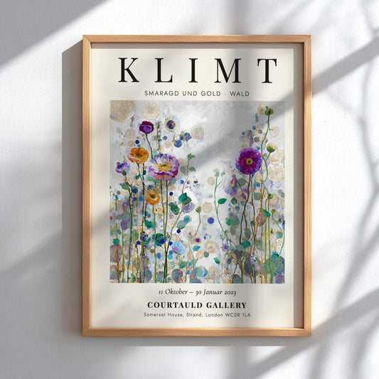 Klimt-inspired poster featuring colorful wildflowers and emerald greens in a vibrant forest scene