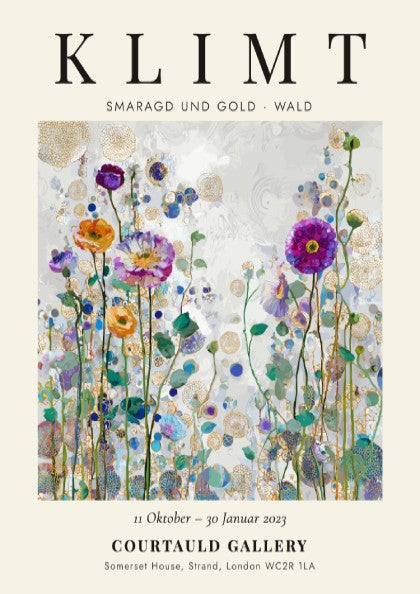 Klimt-inspired poster featuring colorful wildflowers and emerald greens in a vibrant forest scene