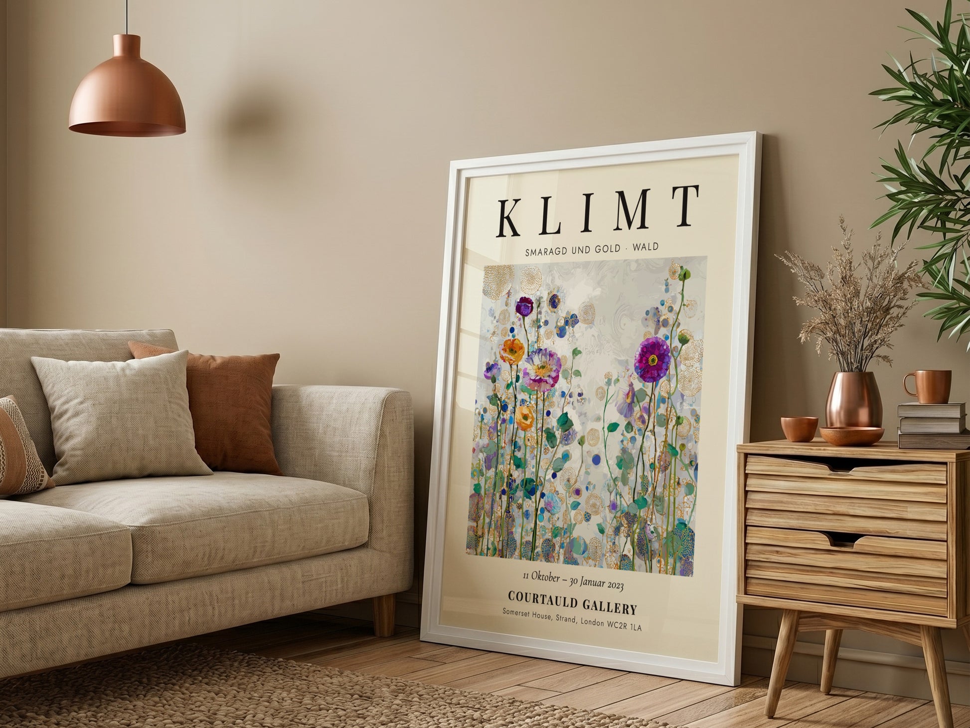 Klimt-inspired poster featuring colorful wildflowers and emerald greens in a vibrant forest scene
