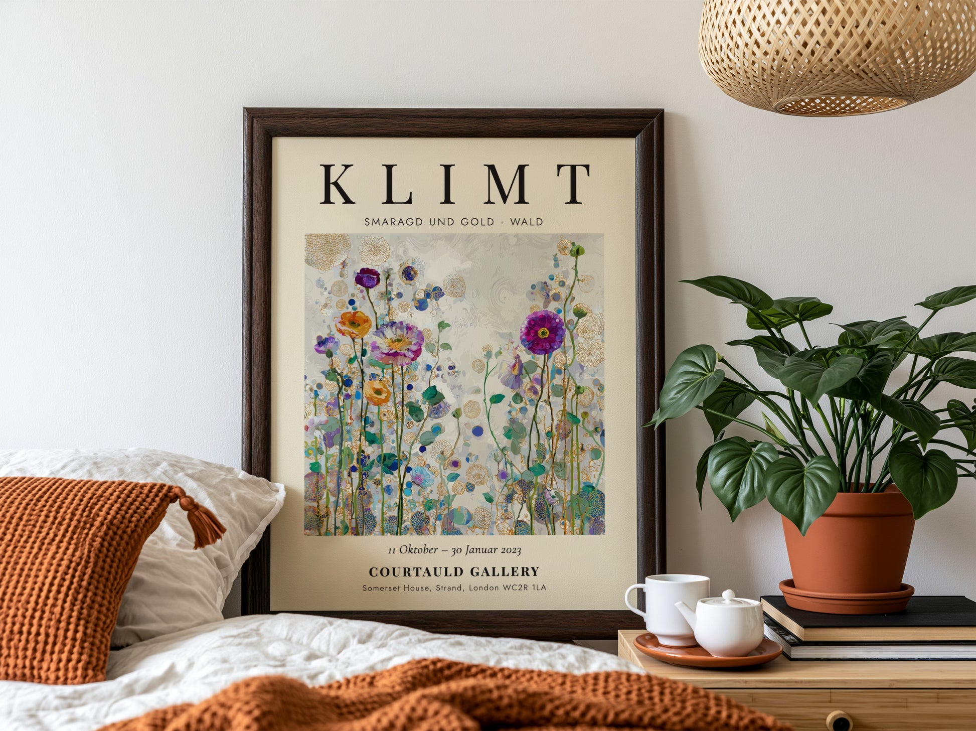Klimt-inspired poster featuring colorful wildflowers and emerald greens in a vibrant forest scene