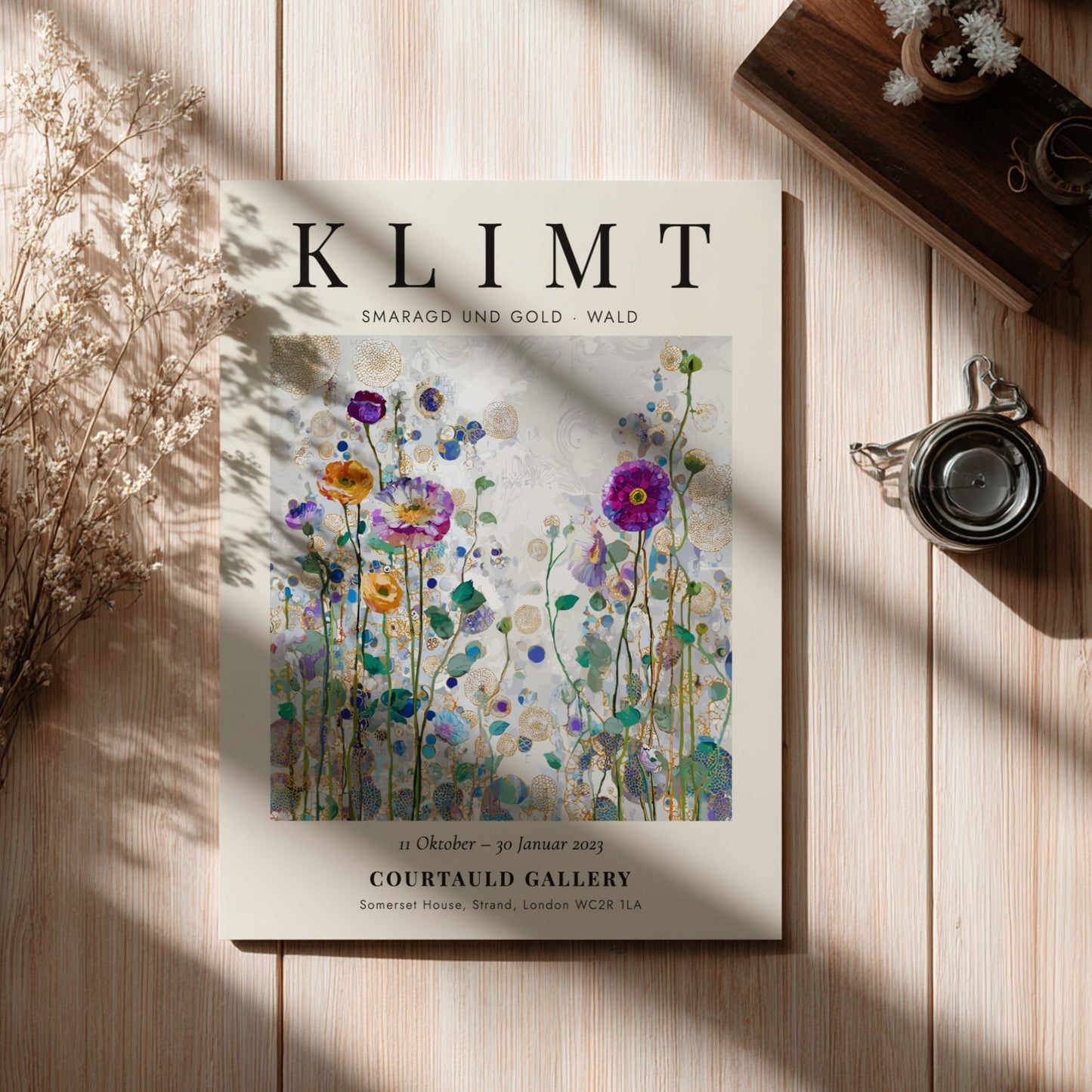 Klimt-inspired poster featuring colorful wildflowers and emerald greens in a vibrant forest scene