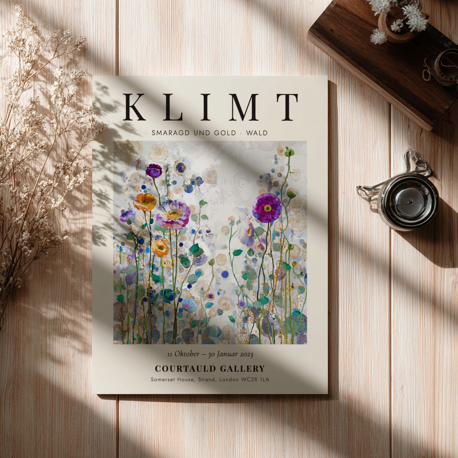 Klimt-inspired poster featuring colorful wildflowers and emerald greens in a vibrant forest scene