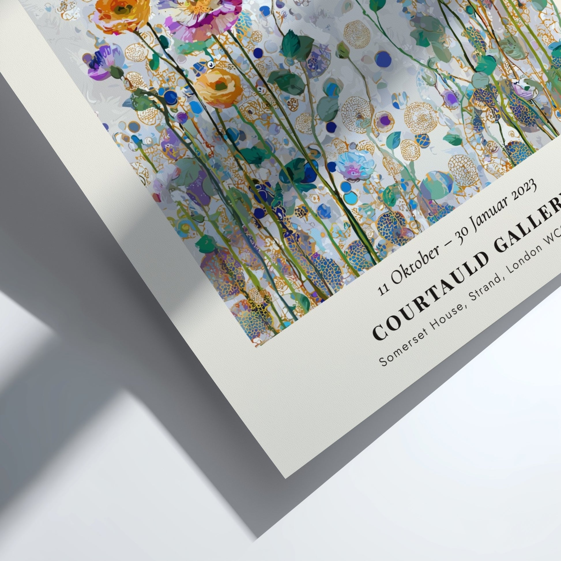 Klimt-inspired poster featuring colorful wildflowers and emerald greens in a vibrant forest scene