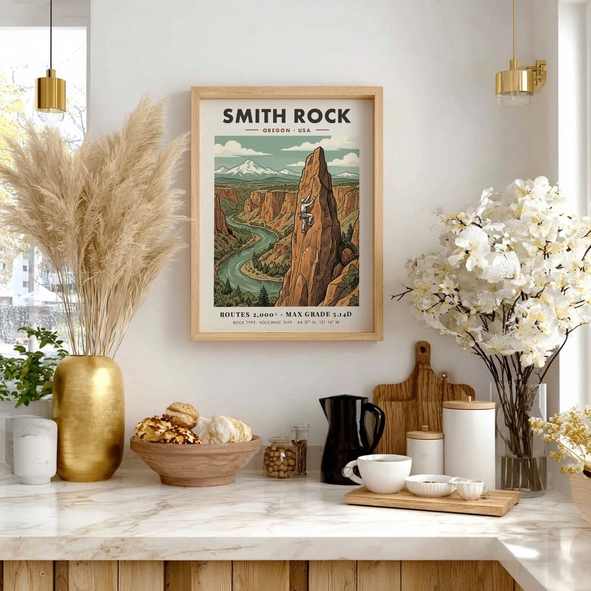 Poster of Smith Rock Oregon featuring a climber on a tall volcanic crag.
