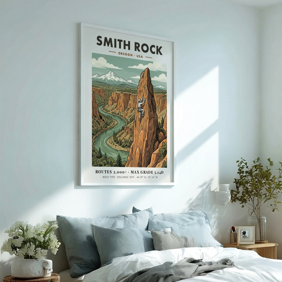Poster of Smith Rock Oregon featuring a climber on a tall volcanic crag.