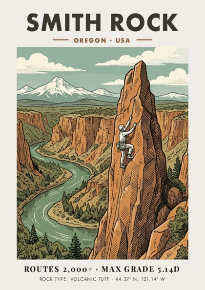 Poster of Smith Rock Oregon featuring a climber on a tall volcanic crag.