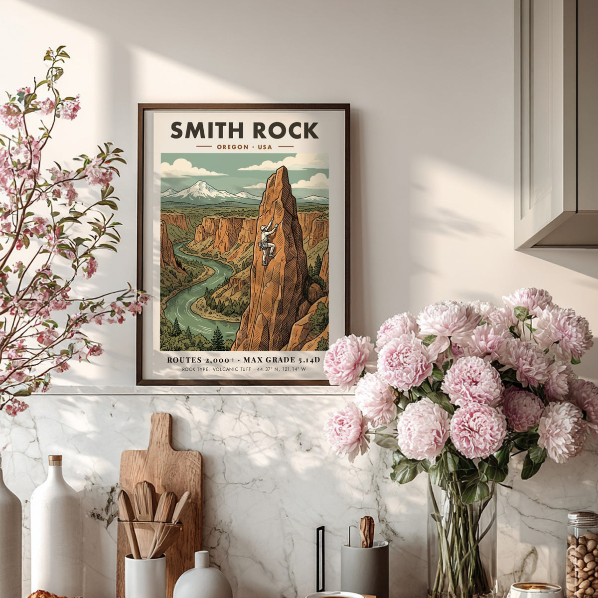 Poster of Smith Rock Oregon featuring a climber on a tall volcanic crag.
