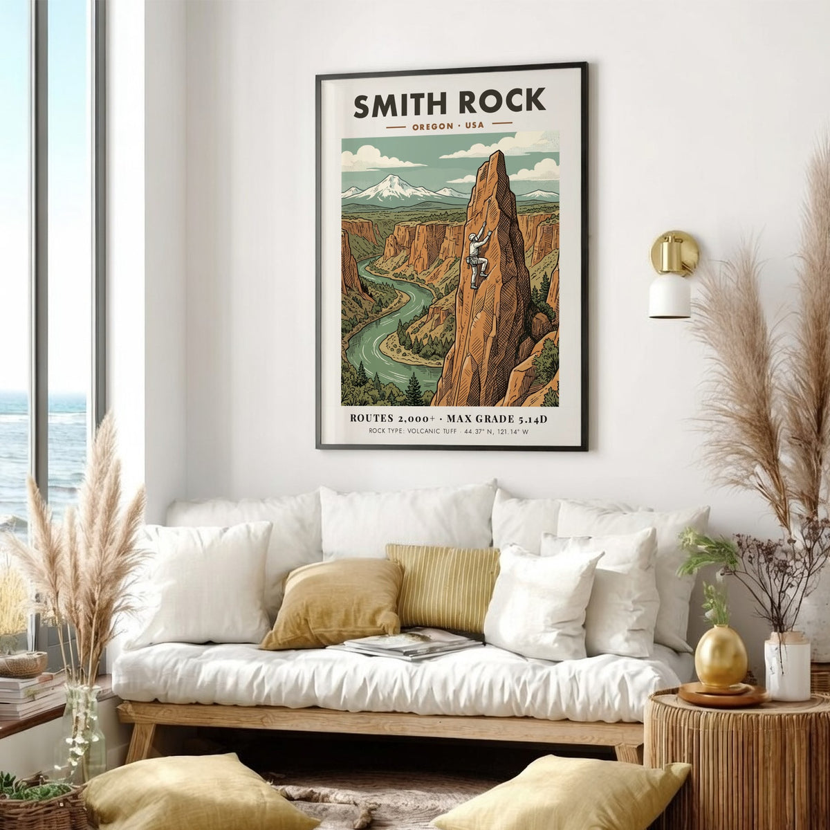 Poster of Smith Rock Oregon featuring a climber on a tall volcanic crag.