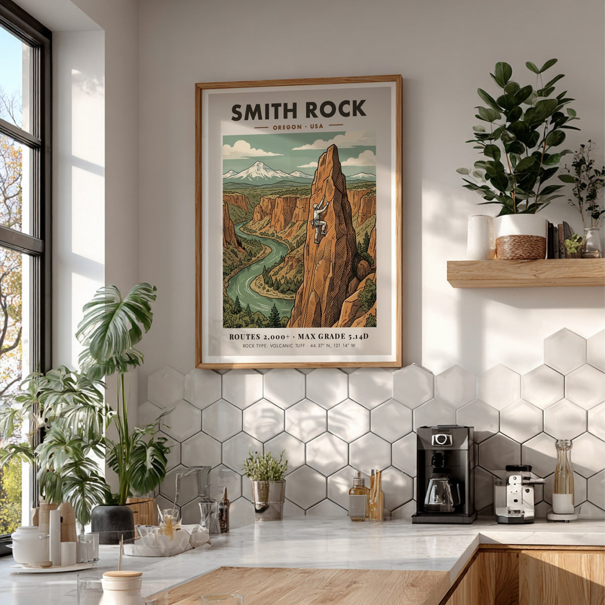 Poster of Smith Rock Oregon featuring a climber on a tall volcanic crag.