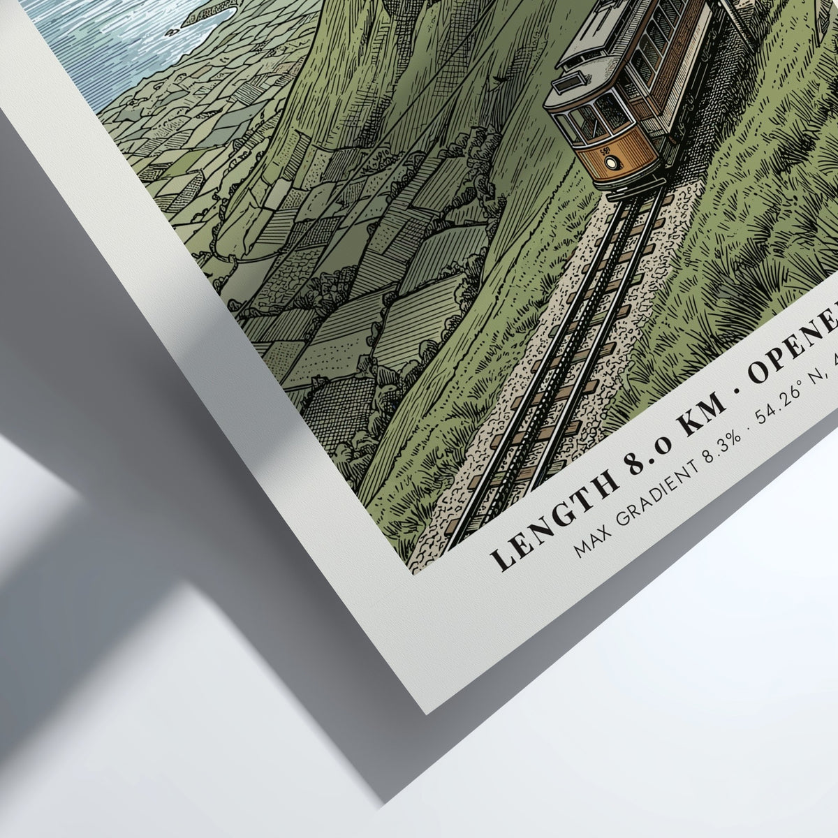 Vintage travel poster showing the Snaefell mountain railway tram climbing the Isle of Man