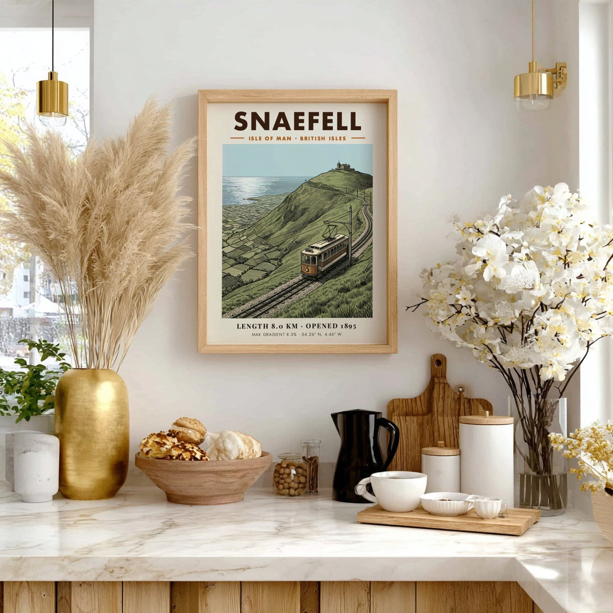 Vintage travel poster showing the Snaefell mountain railway tram climbing the Isle of Man