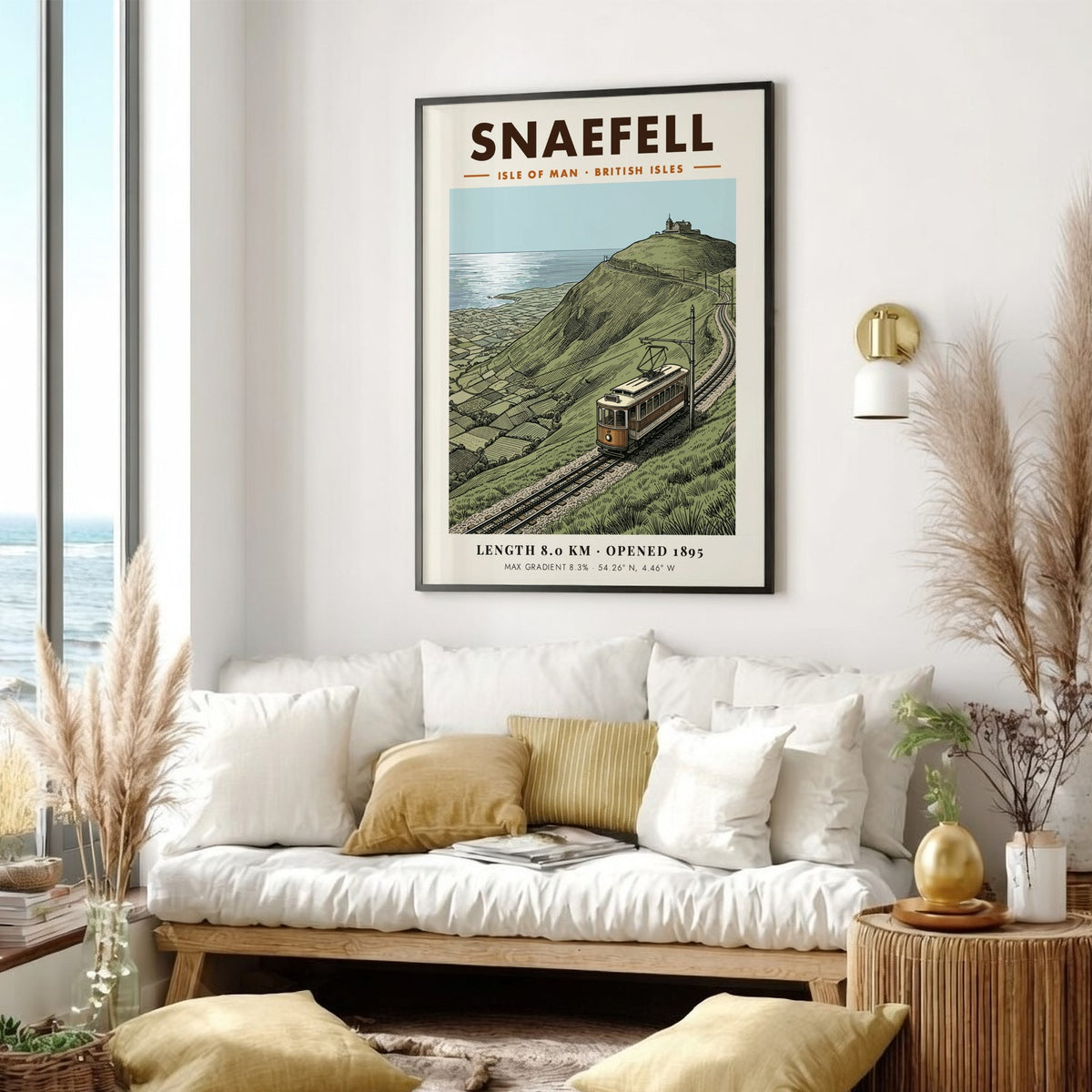 Vintage travel poster showing the Snaefell mountain railway tram climbing the Isle of Man