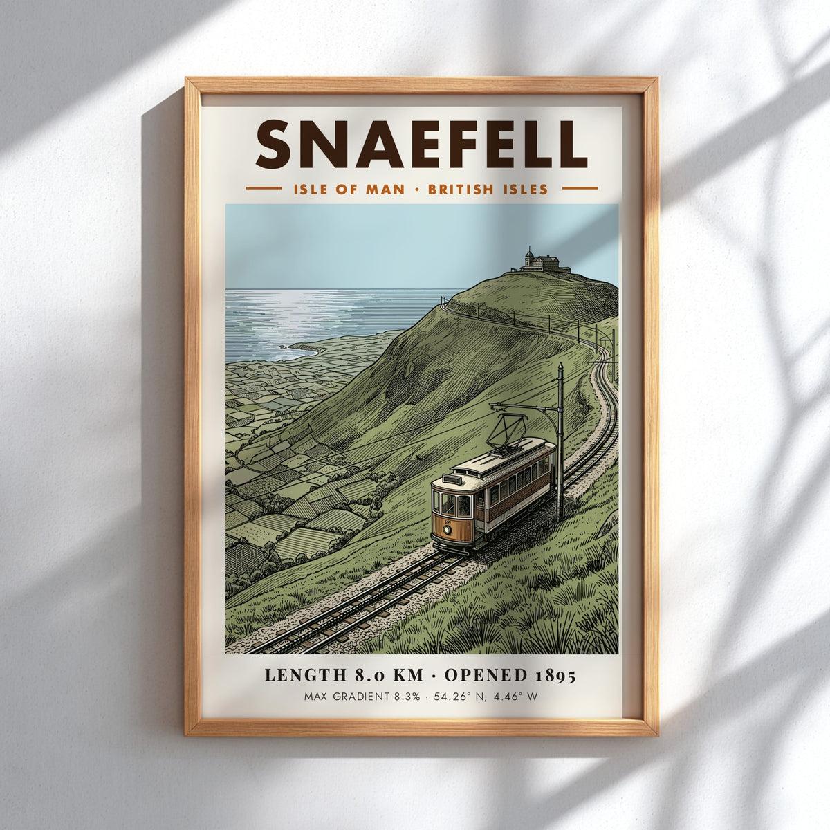 Vintage travel poster showing the Snaefell mountain railway tram climbing the Isle of Man