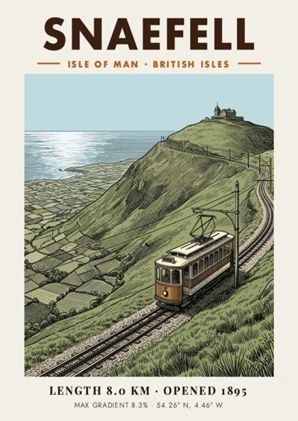 Vintage travel poster showing the Snaefell mountain railway tram climbing the Isle of Man