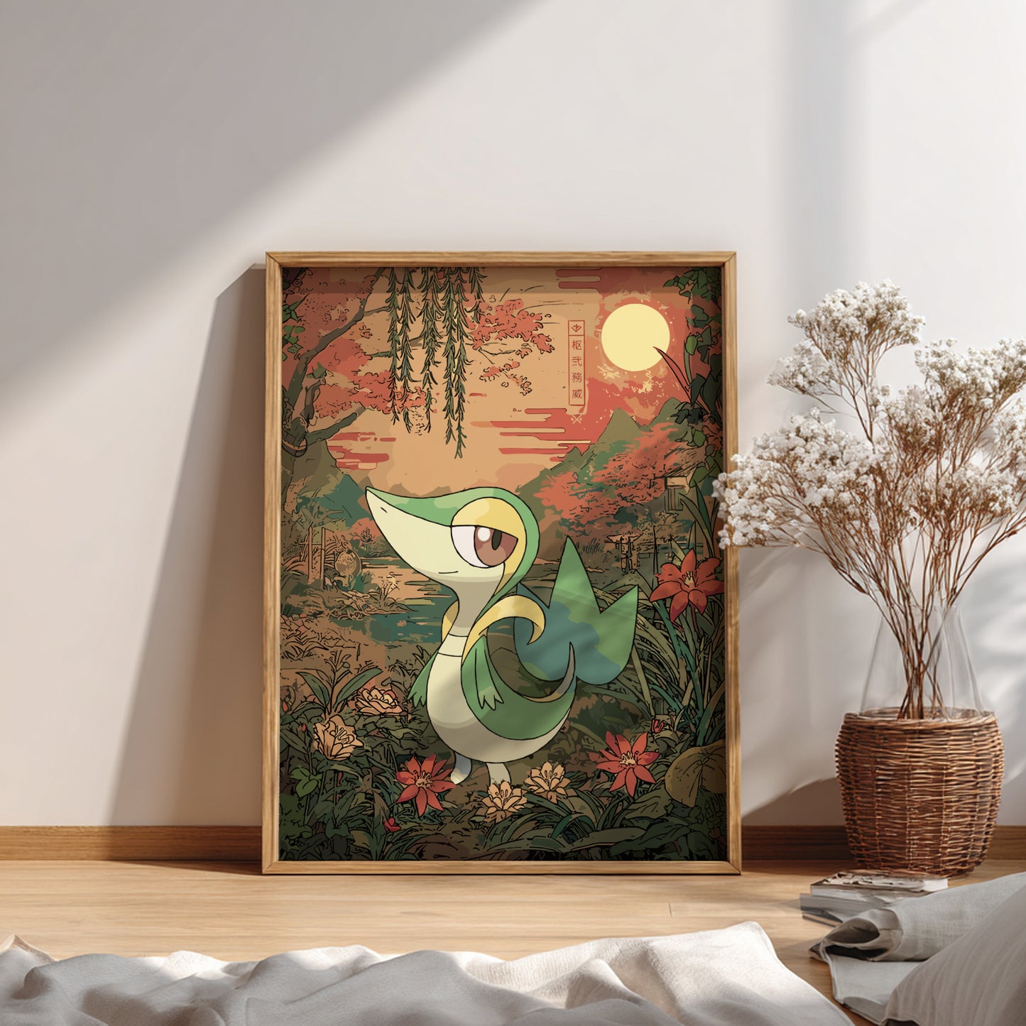 Framed artwork of Snivy Pokemon with floral and landscape design on a wall.
