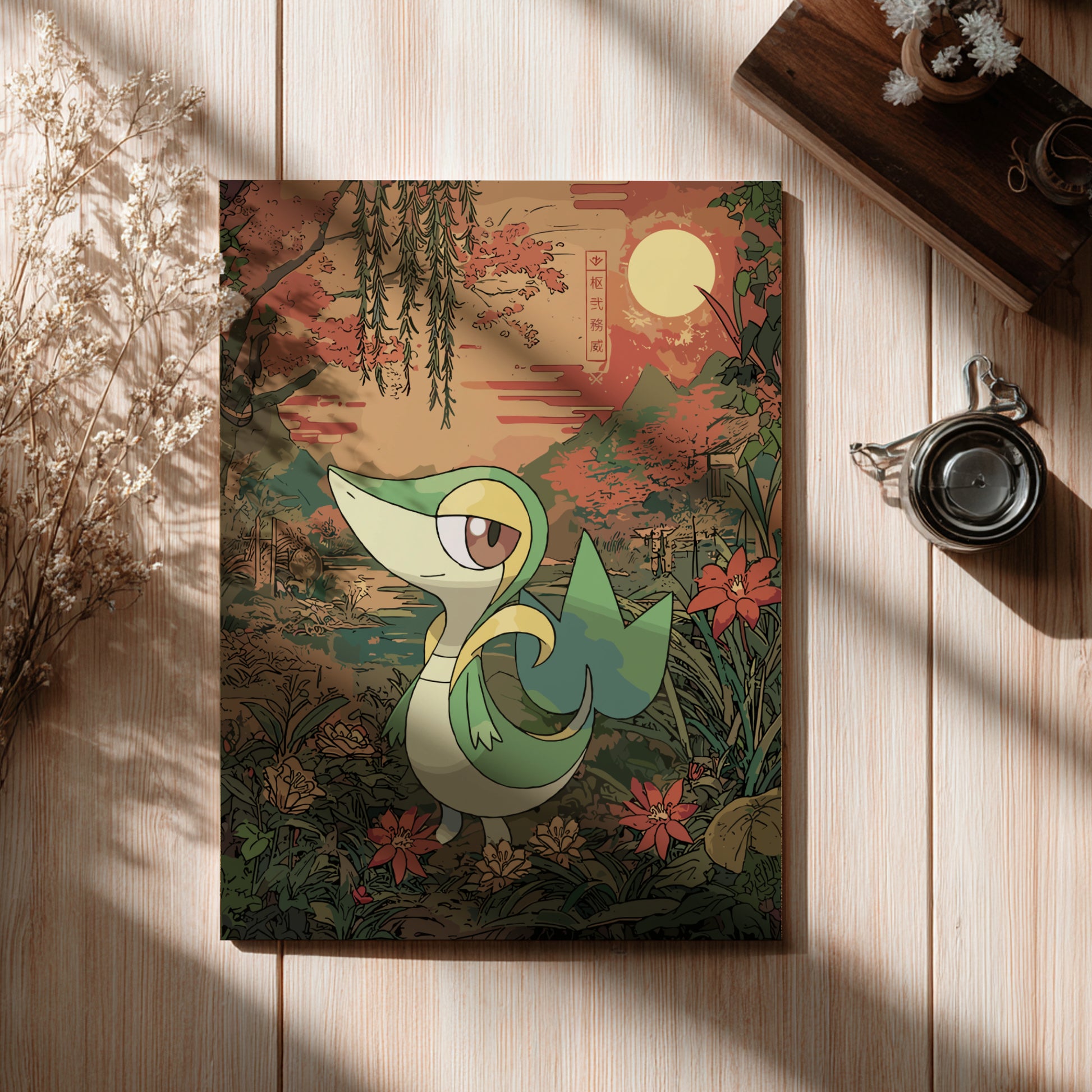 Poster of Snivy Pokemon in a nature-themed setting on a wooden surface with a cup and branches.