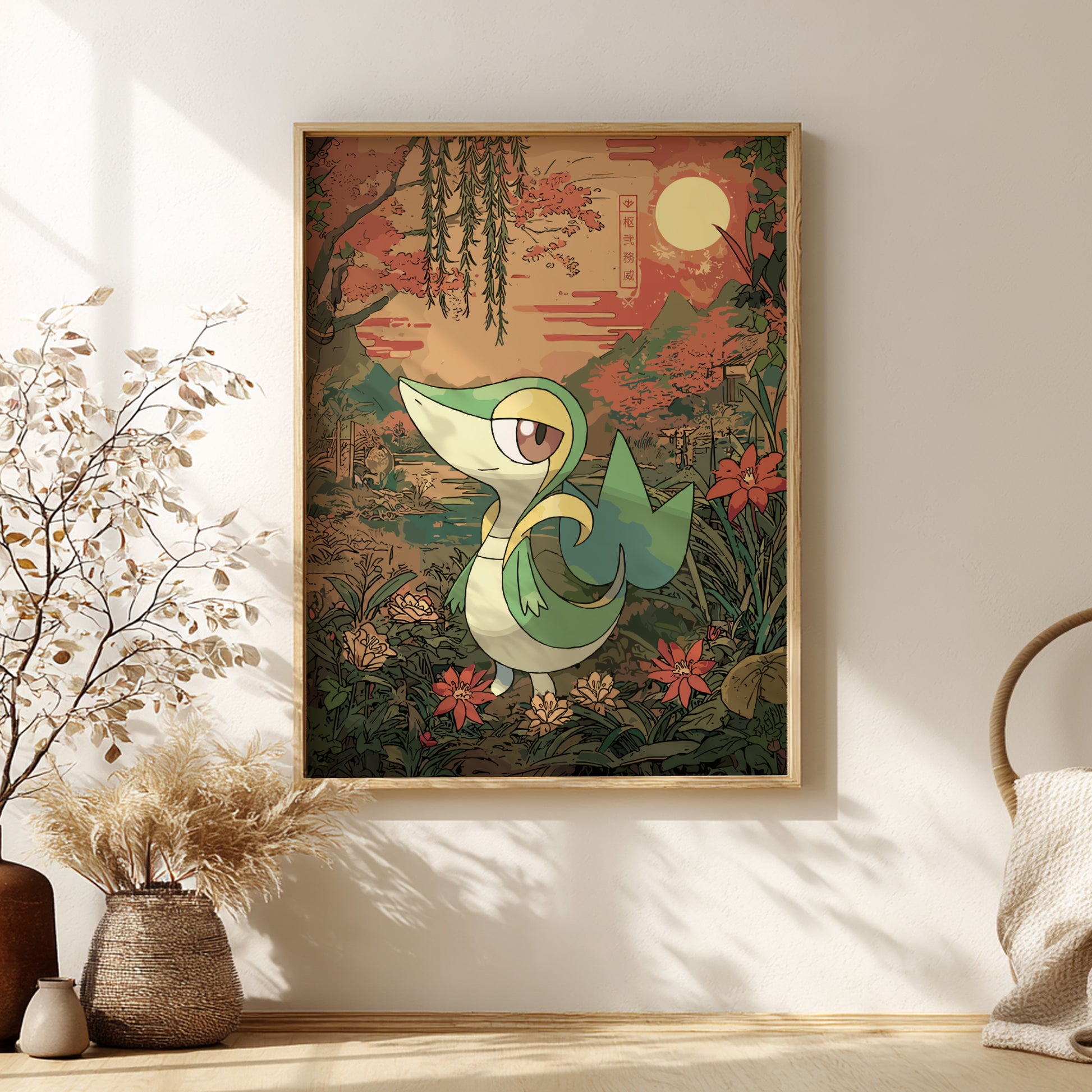 Framed artwork of a stylized Snivy Pokemon in a forest setting on a wall.