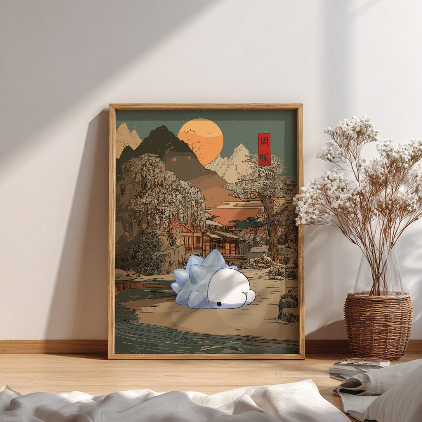 Framed artwork of a mountain landscape with a Snom Pokemon character in a room.