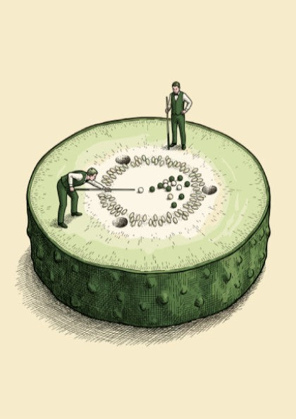 Poster featuring two miniature men playing snooker on a sliced green garden cucumber