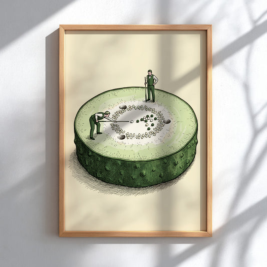 Poster featuring two miniature men playing snooker on a sliced green garden cucumber