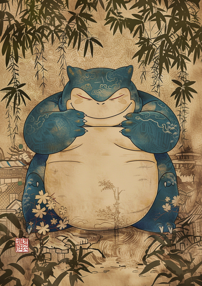 Snorlax Artwork: Japanese Tapestry Style Pokemon Inspired Anime Poster, Snorlax Poster