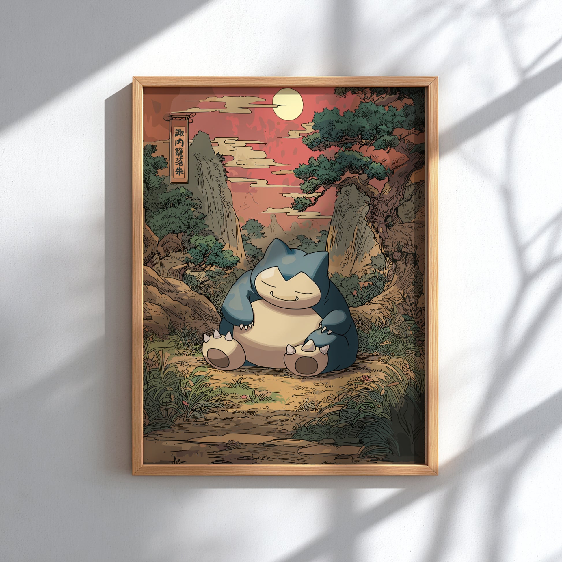 Framed artwork of Snorlax Pokemon in a natural setting with a wooden frame.