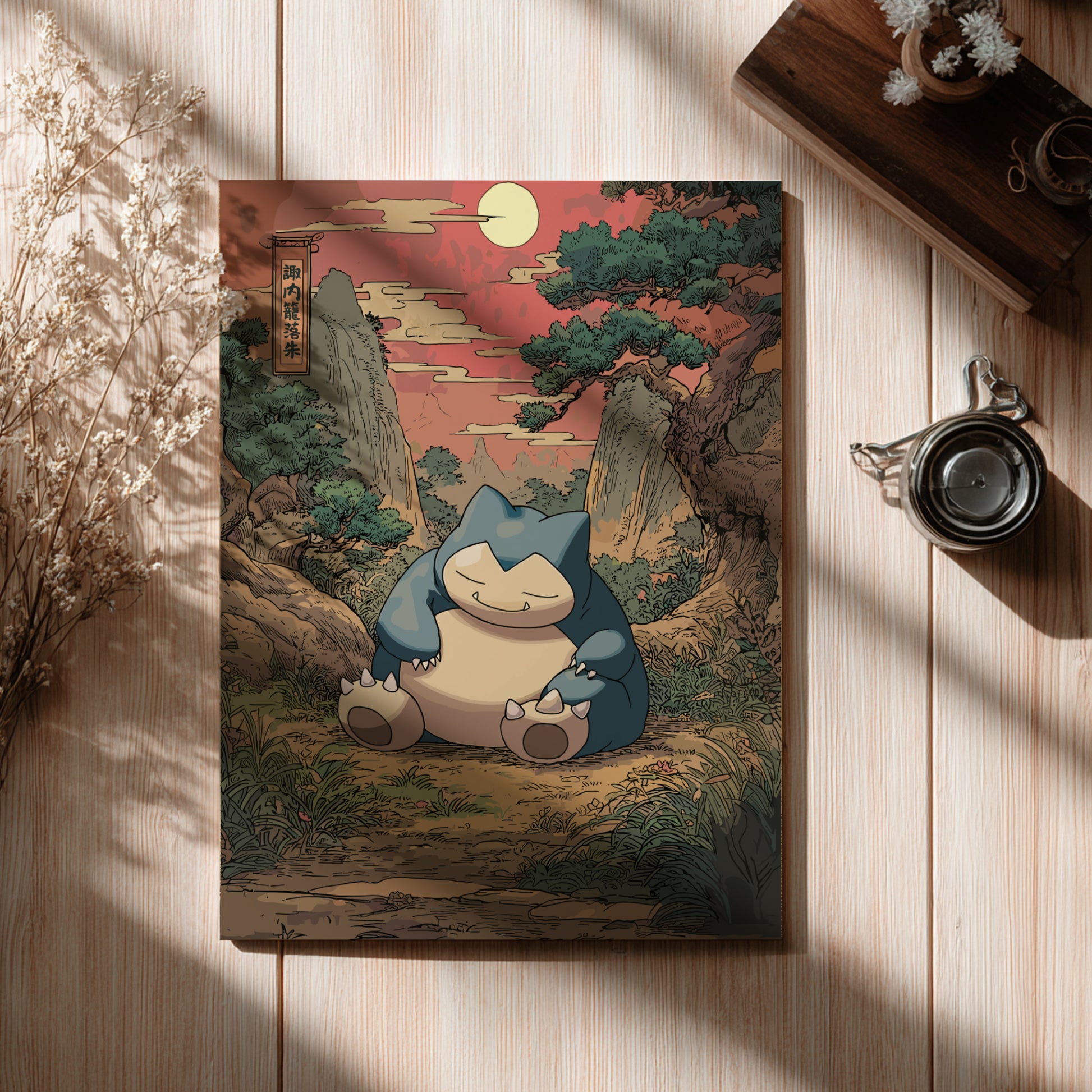 Snorlax Pokemon in a forest setting on a wooden surface with a teacup and dried flowers.